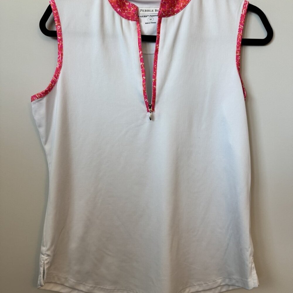 Pebble Beach Size Medium (M) Women's White Golf Polo Shirt with Pink Floral Trim